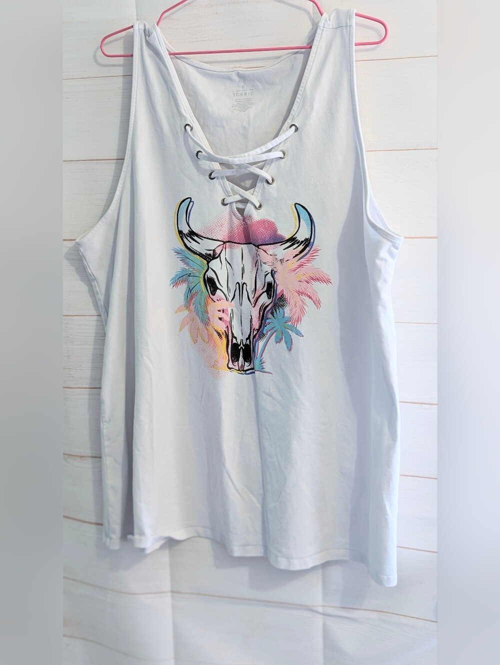 Torrid Lace-Up White Graphic Tank Top with Pastel Skull Print Size 5XL